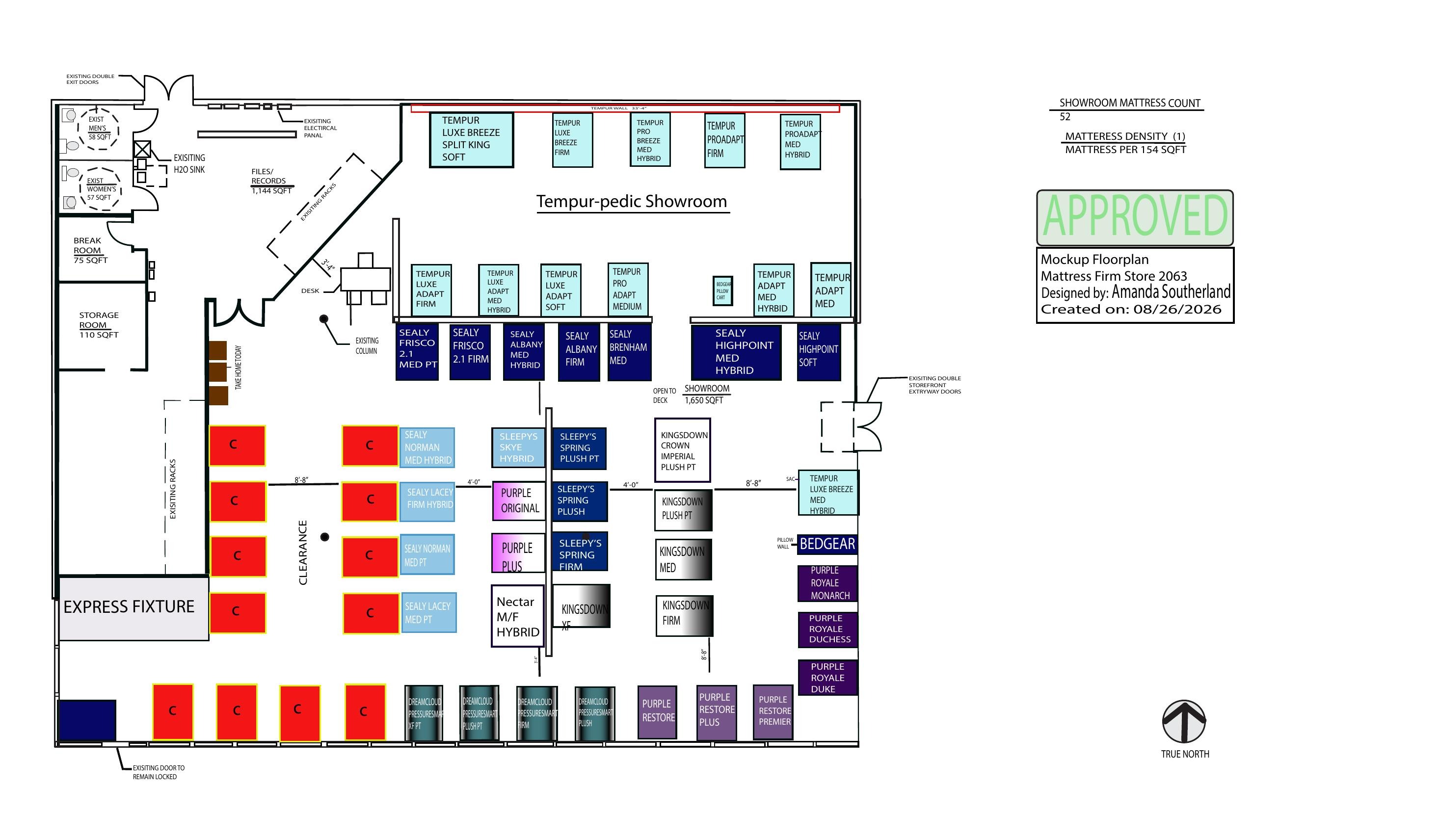 Proposed Tempur-pedic Showroom floor plan with a dedicated 33-foot Tempur wall and a full Tempur-pedic showroom zone — presented to leadership but blocked by corporate due to flooring constraints
