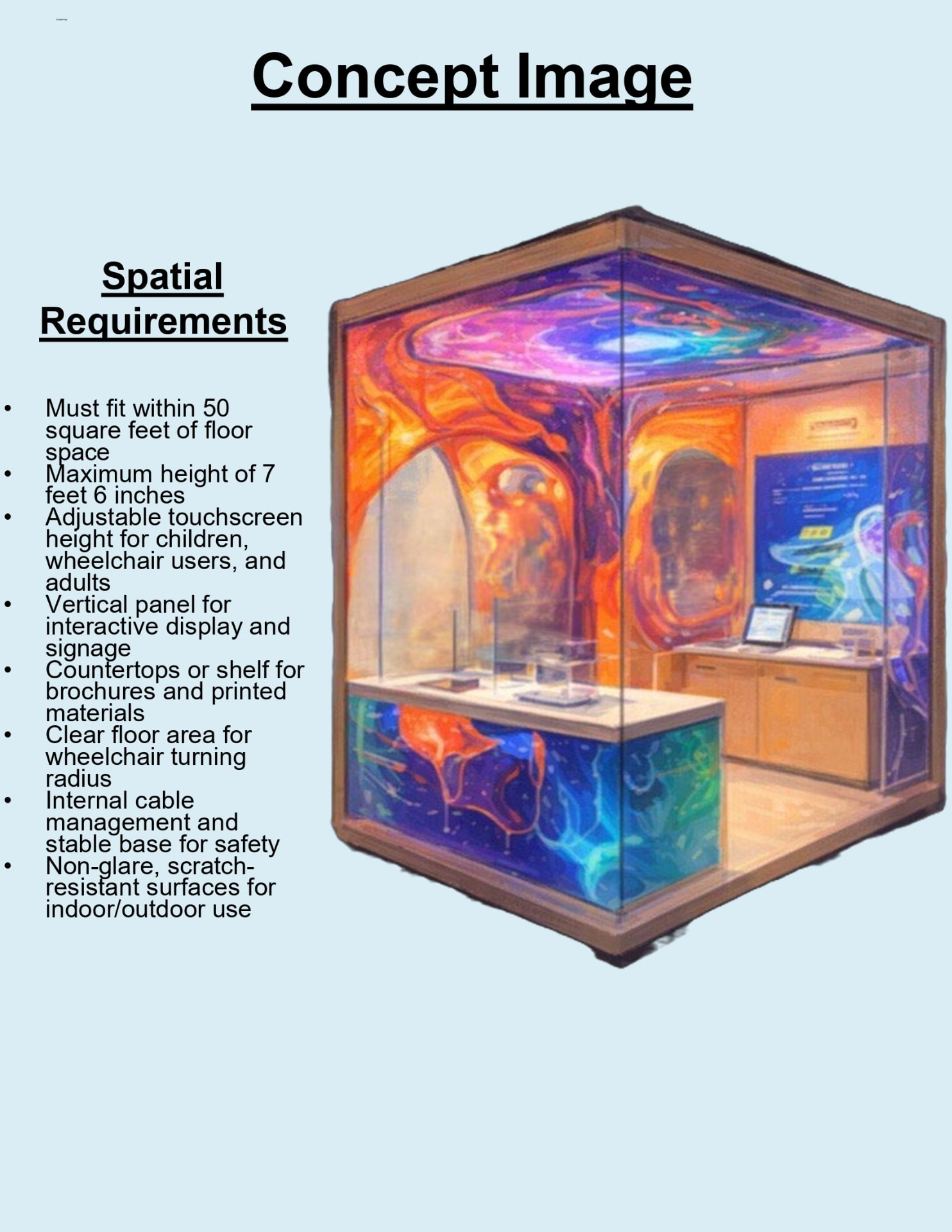 Concept image of the kiosk with its spatial requirements list — 50 square feet maximum, 7 foot 6 inch height, adjustable touchscreen, wheelchair turning radius, non-glare surfaces