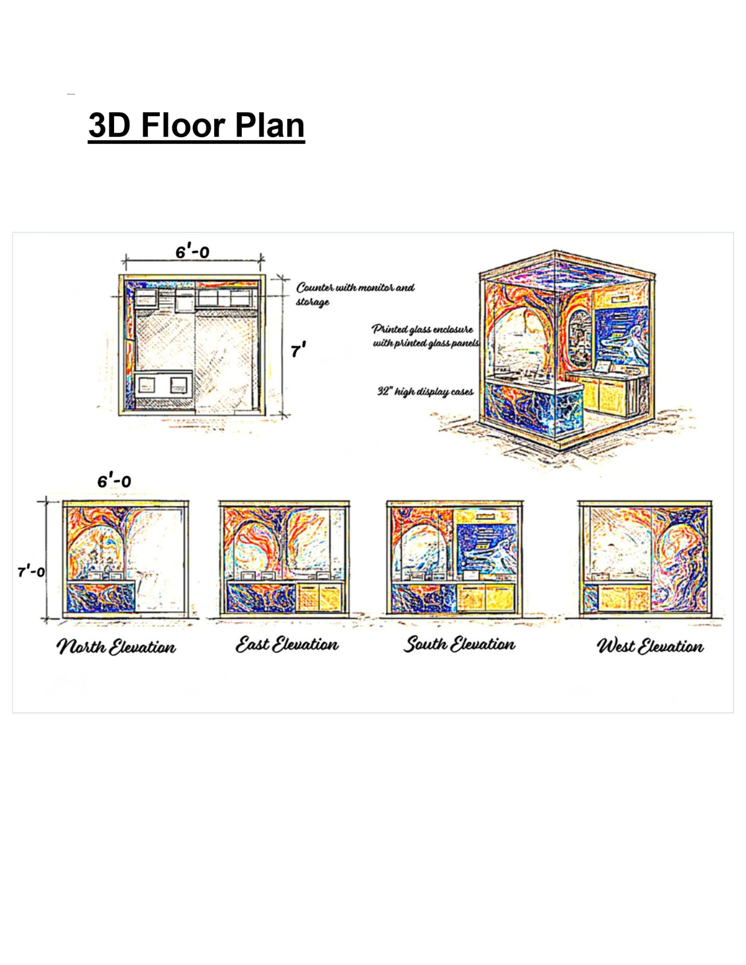 Colorful 3D floor plan of the kiosk — 6 foot by 7 foot footprint with counter, monitor and storage, printed glass enclosure, and 32-inch-high display cases