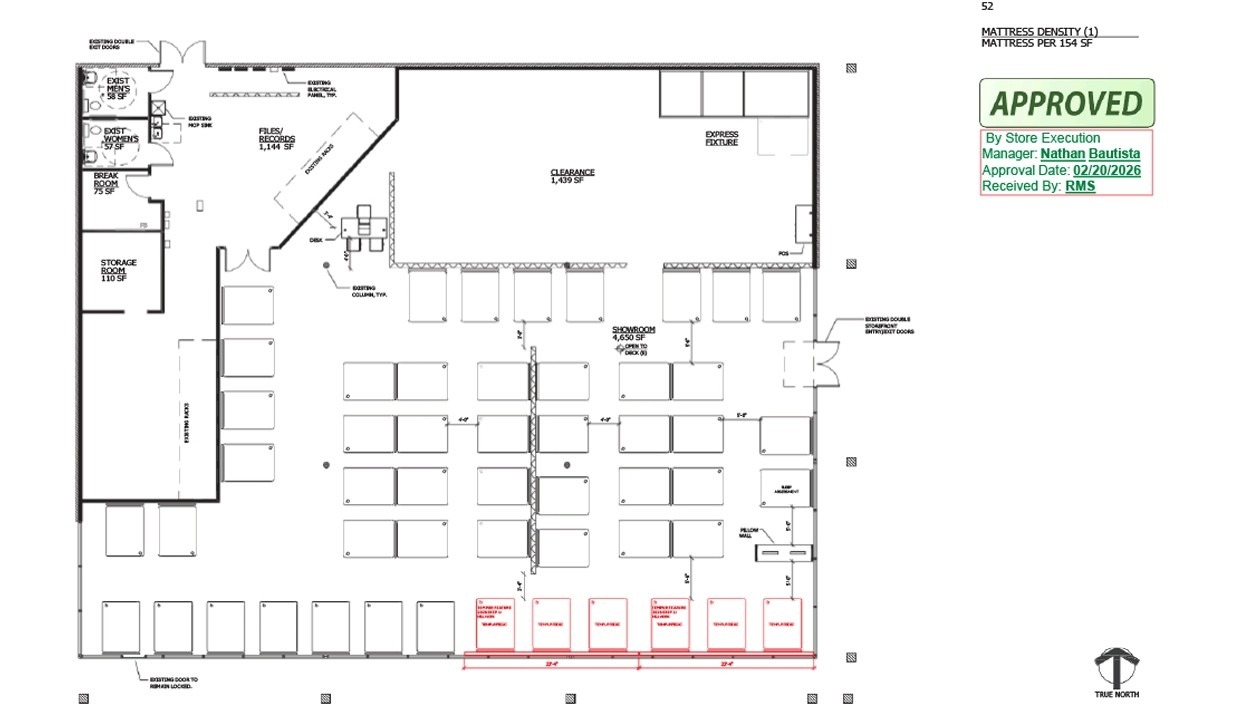 Original Mattress Firm Store 2063 floor plan before redesign — plain store layout approved February 2026