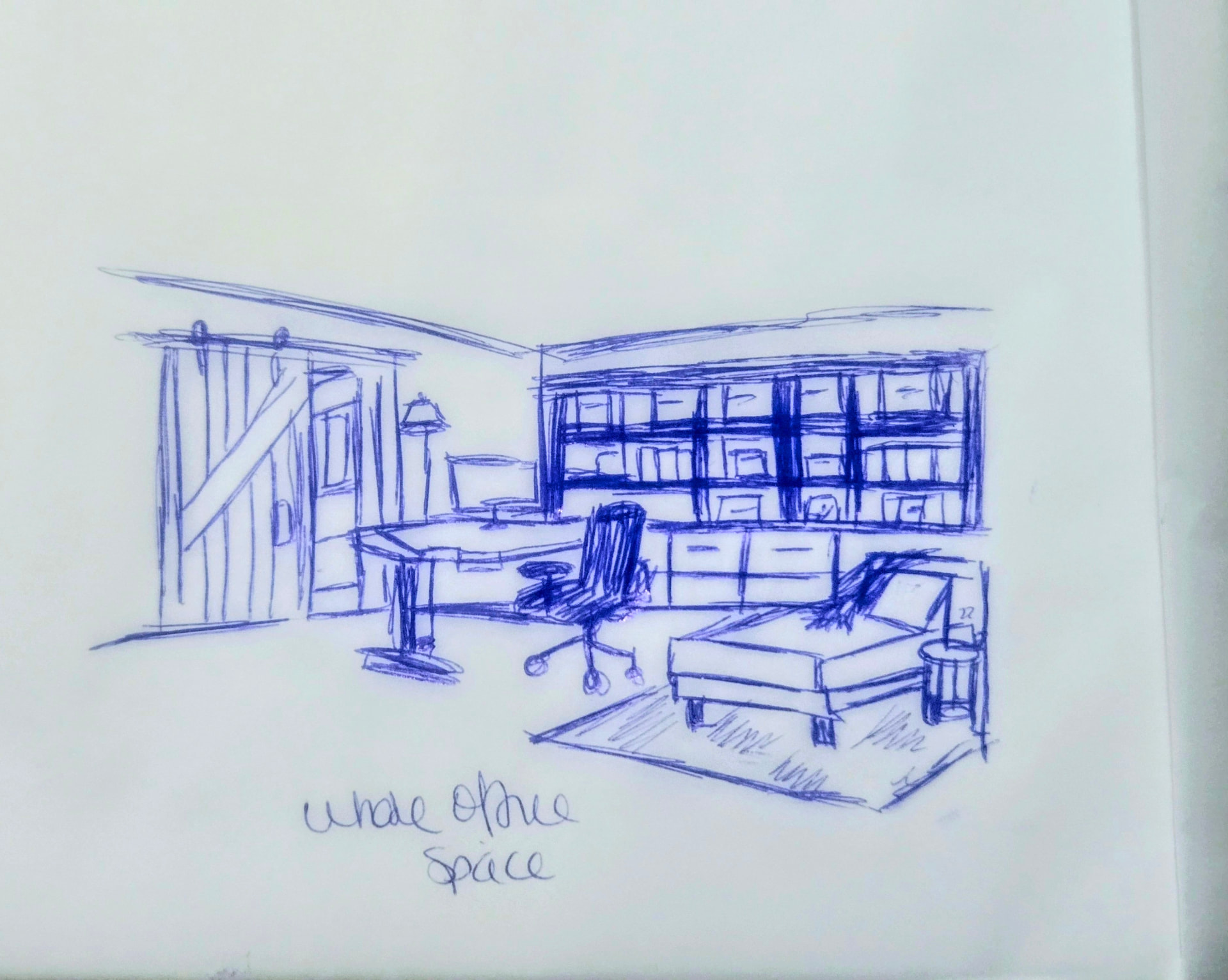 Initial hand-drawn pen sketch of the home office — barn door, desk, ergonomic chair, and built-in storage wall