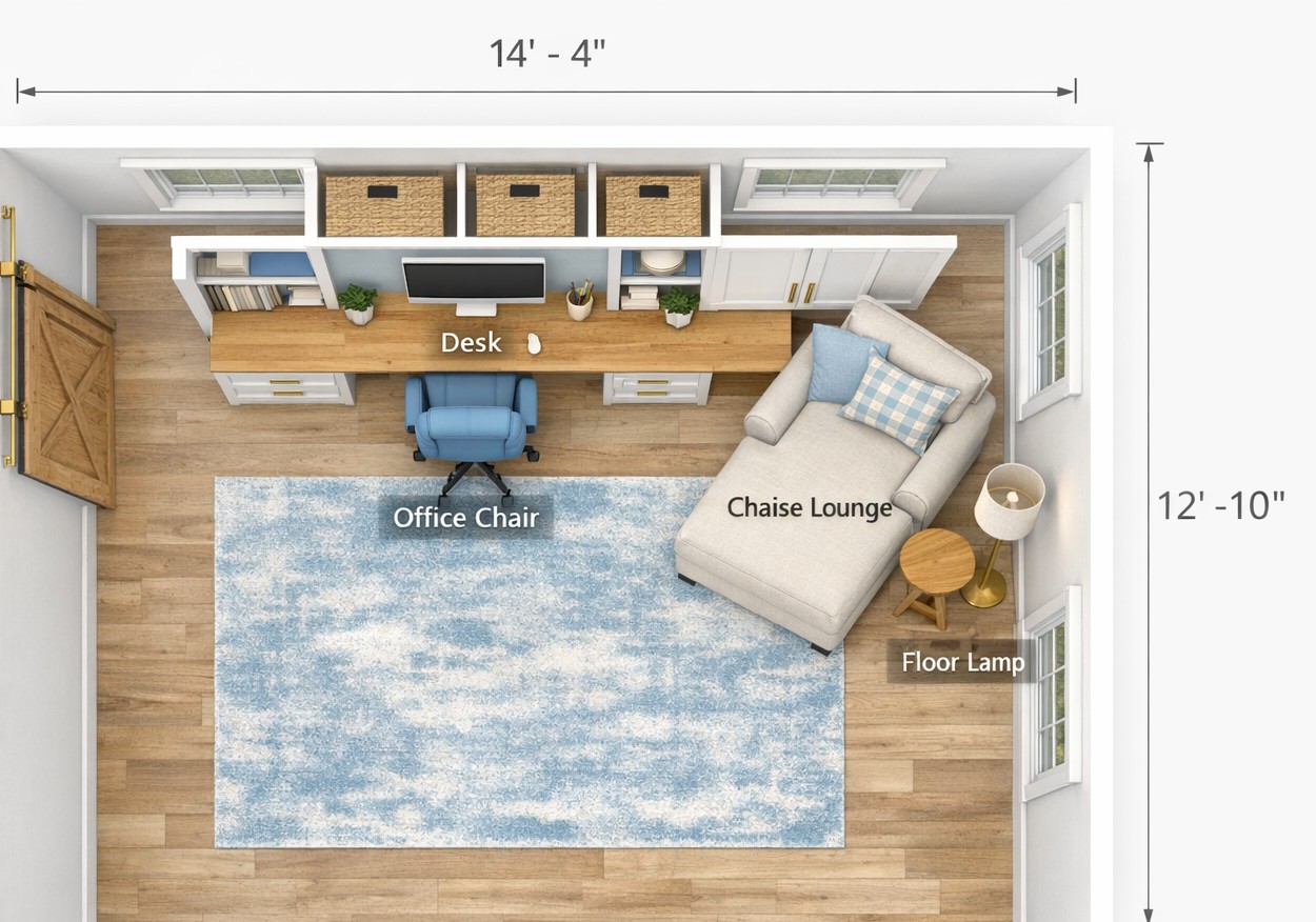 Top-down 3D floor plan of the finished home office — desk wall with shelving, office chair, chaise lounge, floor lamp, and barn door