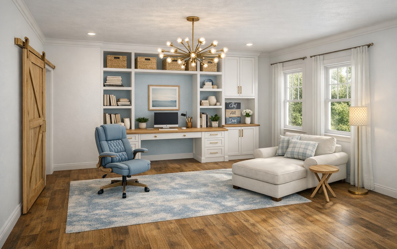 Finished 3D render of the home office — built-in desk wall, blue ergonomic chair, chaise reading nook, brass chandelier, and barn-style door